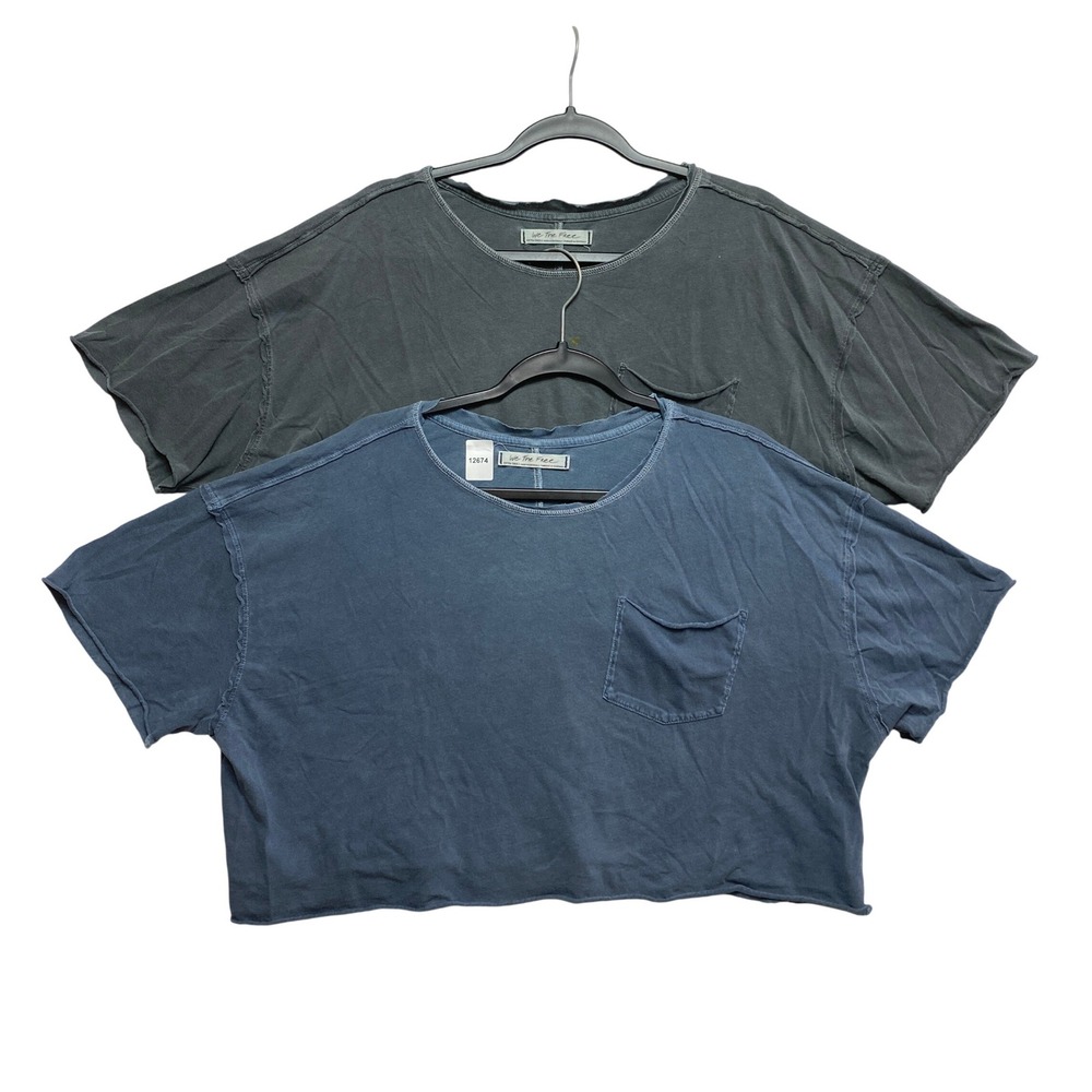 We The Free T-Shirt Womens XS Grey Blue Boxy Crop Pocket Tee Raw Hem Lot of 2